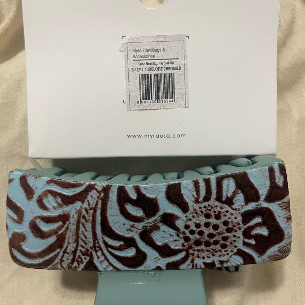 NWT Myra Bag Leather Western Turquoise and Brown Hair Clip 3.5” - Picture 4 of 5